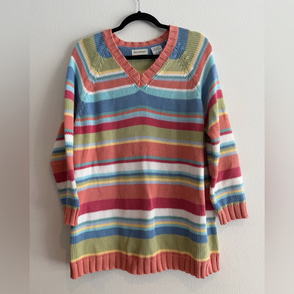 Vintage White Stag Striped Women’s V-Neck Sweater